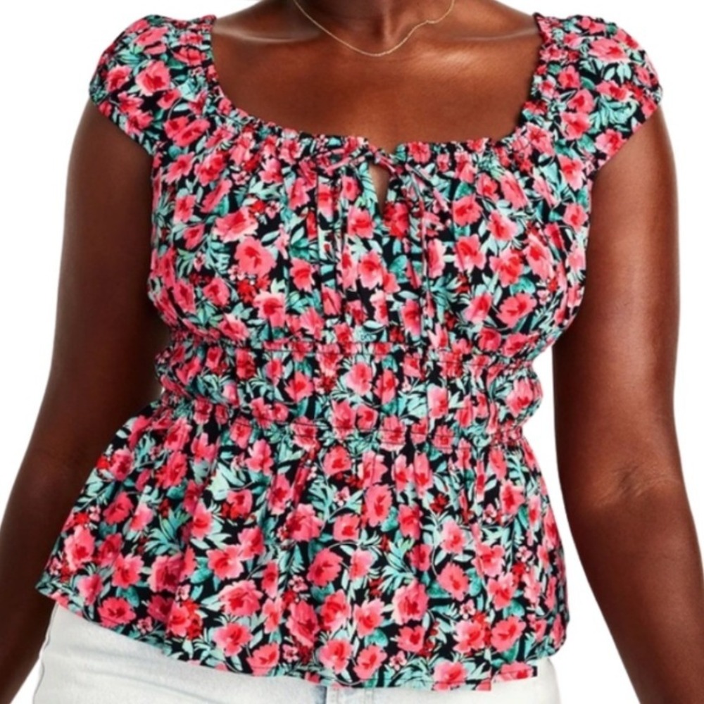 Old Navy Pink Floral Smocked Peplum Top Square Neck Tie Front Cap Sleeve Small